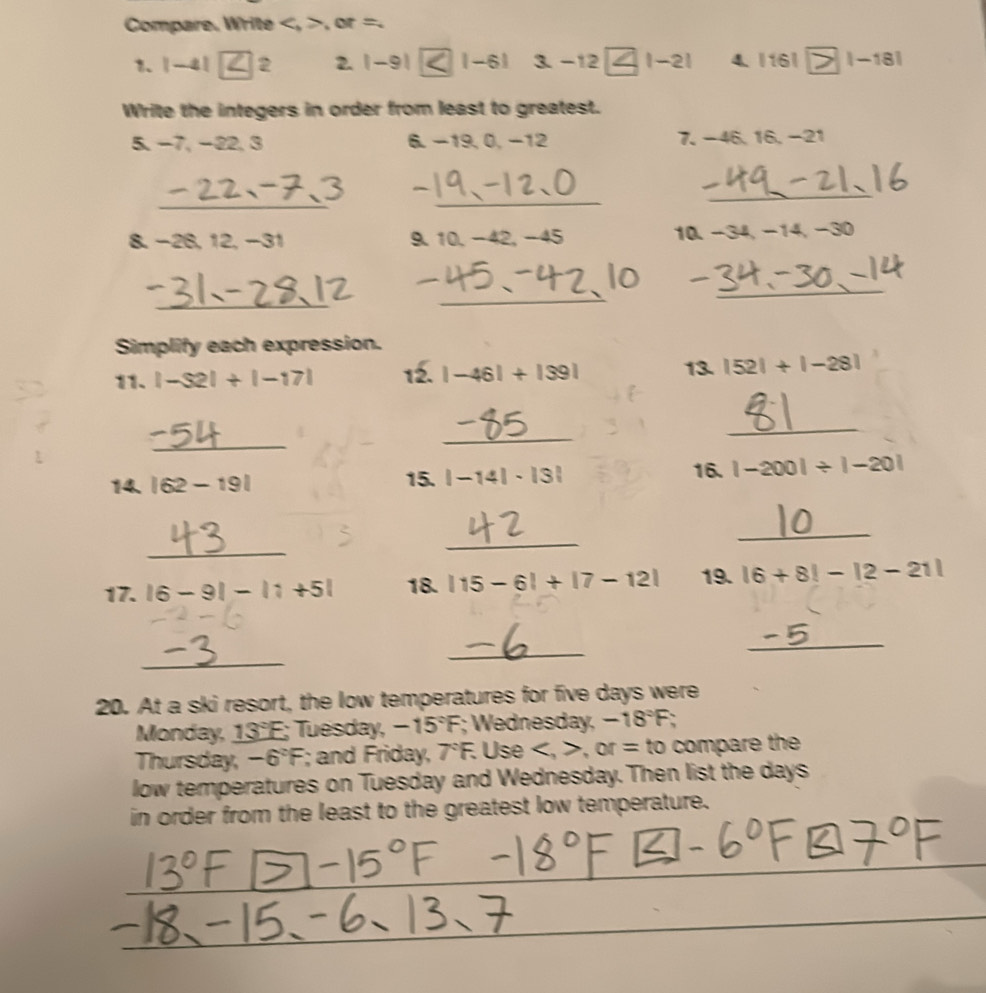 Compare. Write , , or =. 
1. 1 -41 ∠ 2 2 2. |-9| |-6| 3. -12 | -2| 4 |161| |-18|
Write the integers in order from least to greatest. 
5, −7, -22, 3 6. -19, 0, -12 7. - 46, 16, -21
_ 
_ 
_ 
8. -28, 12, -31 9 10, -42, -45 : 10. −34, -14, -30
_ 
_ 
_ 
Simplify each expression. 
11. |-32|+|-17| 12 |-46|+|39| 13. |52|+|-28|
_ 
_ 
_ 
14. |62-19| 15. |-14|· |3| 16. |-200|/ |-20|
_ 
_ 
_ 
17. |6-9|-|1+5| 18. |15-6|+|7-12| 19. |6+8|-|2-21|
_ 
_ 
_ 
20. At a ski resort, the low temperatures for five days were 
Monday, _ 13°F : ; Tuesday, -15°F; Wednesday, -18°F ` 
Thursday, -6°F; and Friday, 7°F. Use , , or=to compar th 
low temperatures on Tuesday and Wednesday. Then list the days
in order from the least to the greatest low temperature. 
_ 
_