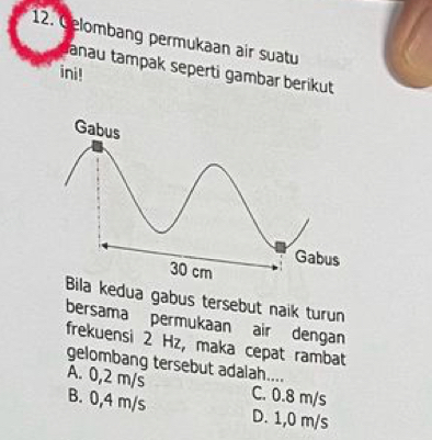 Gelombang permukaan air suatu
ini! anau tampak seperti gambar berikut
ila kedua gabus tersebut naik turun
bersama permukaan air dengan
frekuensi 2 Hz, maka cepat rambat
gelombang tersebut adalah....
A. 0,2 m/s C. 0.8 m/s
B. 0,4 m/s D. 1,0 m/s