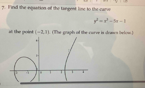 Find the equation of the tangent line to the curve
y^2=x^3-5x-1
at the point (-2,1). (The graph of the curve is drawn below.)