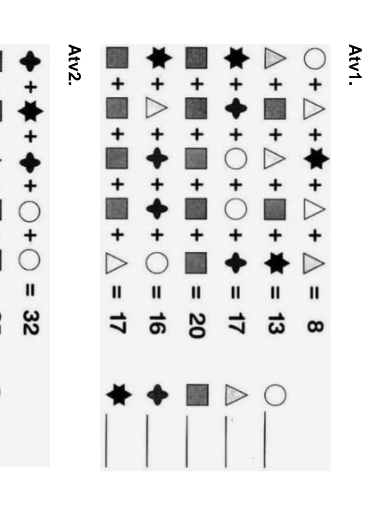 Atv1.
bigcirc +△ +□ +△ +△ =8
△ +□ +△ +□ +□ =13
_
++++bigcirc +bigcirc +4=17
_
□ +□ +□ +□ +□ =20
_
□ +□ +□ +□ +□ =16
_
□ +□ +□ +□ +△ =17
_ 
Atv2. 
+
+bigcirc +bigcirc =32