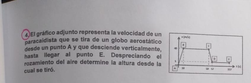 4)El gráfico adjunto representa la velocidad de un 
paracaidista que se tira de un globo aerostático 
desde un punto A y que desciende verticalmente, 
hasta ilegar al punto E. Despreciando el 
rozamiento del aire determine la altura desde la 
cual se tiró.