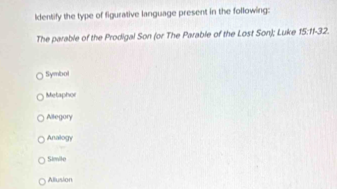 ldentify the type of figurative language present in the following:
The parable of the Prodigal Son (or The Parable of the Lost Son); Luke 15:11-32.
Symbol
Metaphor
Allegory
Analogy
Simile
Allusion