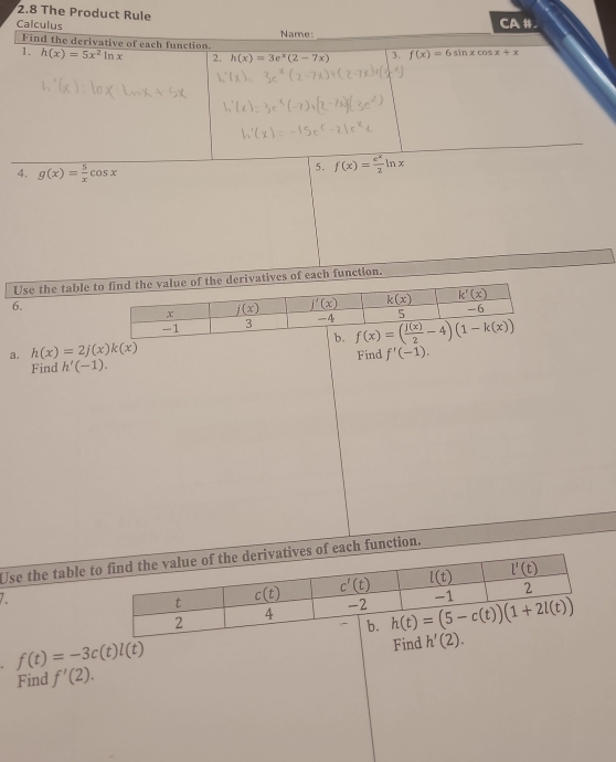 2.8 The Product Rule
Calculus Name: _CA #.
Find the derivative of each function.
1. h(x)=5x^2ln x 2. h(x)=3e^x(2-7x) 3. f(x)=6 sin x cos x+x
4. g(x)= 5/x cos x
5. f(x)= e^x/2 ln x
Use the tableves of each function.
6.
a. h(x)=2j(x)k(x) f'(-1).
Find h'(-1). Find
Use the table of each function.
. f(t)=-3c(t)l(t)
Find 
Find f'(2).