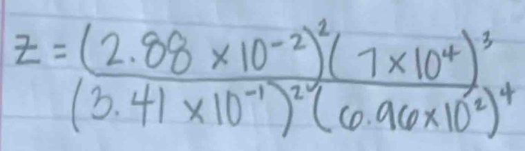 z=frac (2.88* 10^(-2))^2(7* 10^4)^3(3.41* 10^(-1))^2(6.96* 10^2)^4