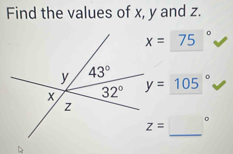 Find the values of x, y and z.
x=75°
y=105°
。
_