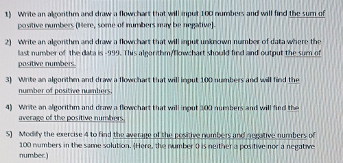 Write an algorithm and draw a flowchart that will input 100 numbers and will find the sum of 
positive numbers (Here, some of numbers may be negative). 
2) Write an algorithm and draw a flowchart that will input unknown number of data where the 
last number of the data is -999. This algorithm/flowchart should find and output the sum of 
positive numbers. 
3) Write an algorithm and draw a flowchart that will input 100 numbers and will find the 
number of positive numbers. 
4) Write an algorithm and draw a flowchart that will input 100 numbers and will find the 
average of the positive numbers. 
5) Modify the exercise 4 to find the average of the positive numbers and negative numbers of
100 numbers in the same solution. (Here, the number 0 is neither a positive nor a negative 
number.)