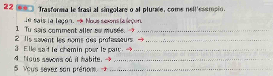 Trasforma le frasi al singolare o al plurale, come nell'esempio. 
Je sais la leçon. → Nous savons la leçon. 
1 Tu sais comment aller au musée._ 
2 Ils savent les noms des professeurs._ 
3 Elle sait le chemin pour le parc._ 
4 Nous savons où il habite._ 
5 Vous savez son prénom._