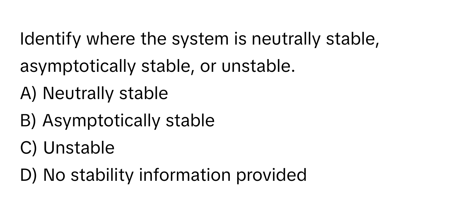 Identify where the system is neutrally stable, asymptotically stable, or unstable.

A) Neutrally stable
B) Asymptotically stable
C) Unstable
D) No stability information provided