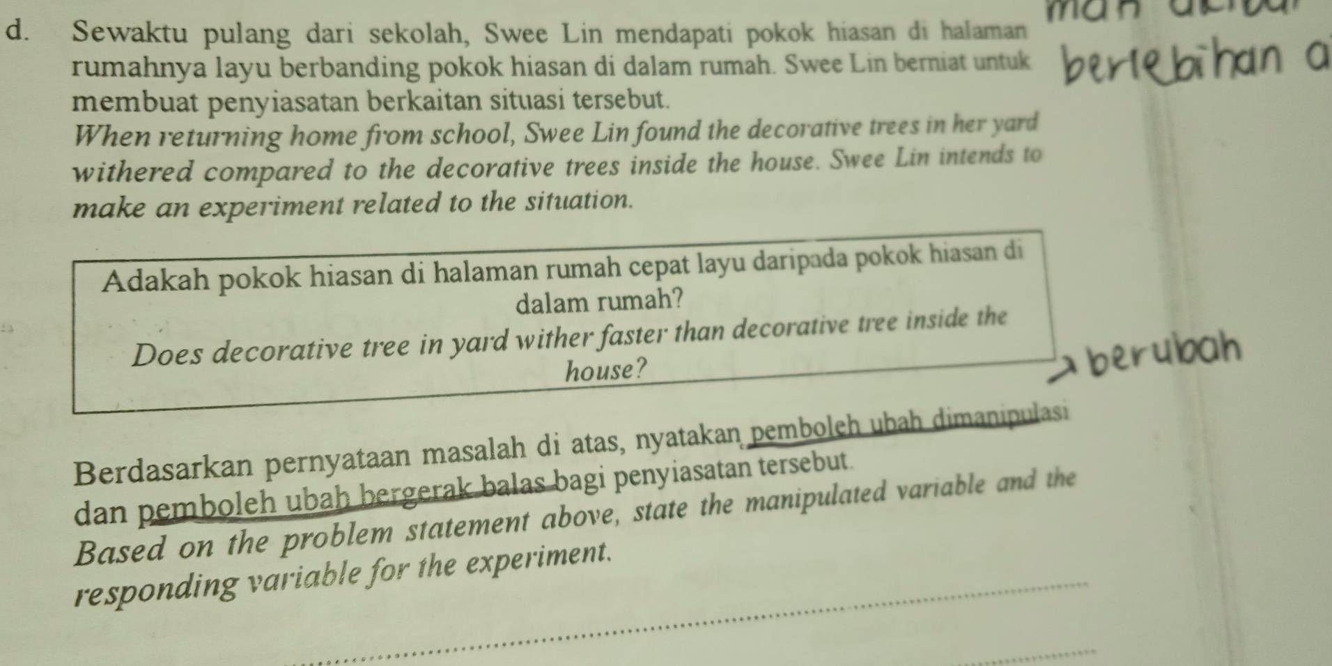 Sewaktu pulang dari sekolah, Swee Lin mendapati pokok hiasan di halaman 
rumahnya layu berbanding pokok hiasan di dalam rumah. Swee Lin berniat untuk 
membuat penyiasatan berkaitan situasi tersebut. 
When returning home from school, Swee Lin found the decorative trees in her yard 
withered compared to the decorative trees inside the house. Swee Lin intends to 
make an experiment related to the situation. 
Adakah pokok hiasan di halaman rumah cepat layu daripada pokok hiasan di 
dalam rumah? 
Does decorative tree in yard wither faster than decorative tree inside the 
house? 
Berdasarkan pernyataan masalah di atas, nyatakan pembolch ubah dimanipulasi 
dan pemboleh ubah bergerak balas bagi penyiasatan tersebut. 
Based on the problem statement above, state the manipulated variable and the 
responding variable for the experiment.