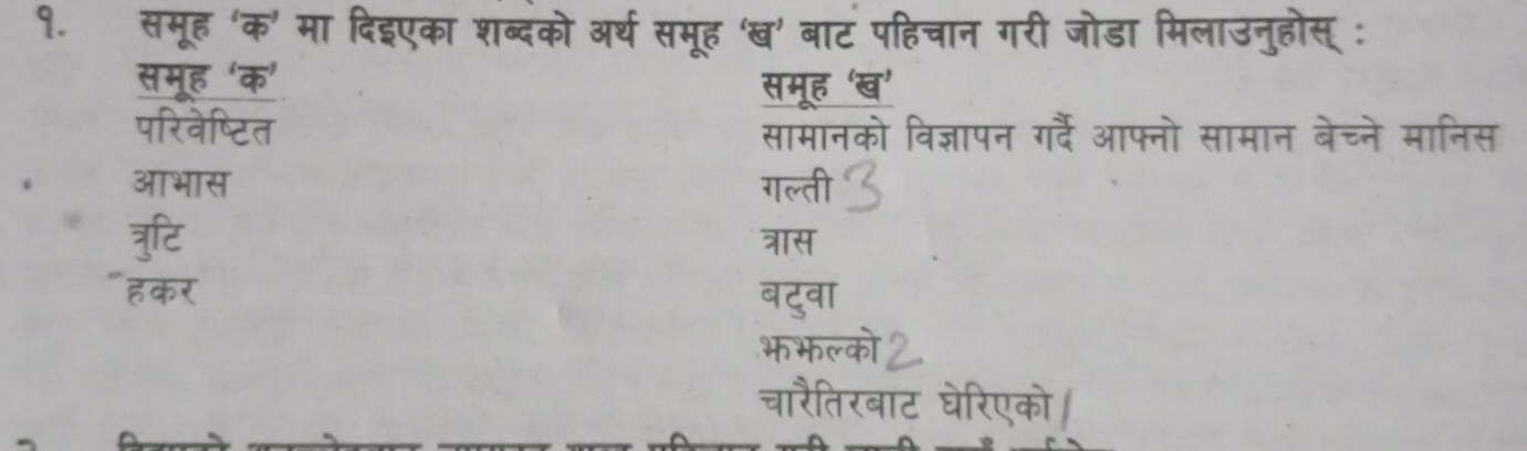 १.समूह 'क' मा दिइएका शब्दको अर्थ समूह 'ख' बाट पहिचान गरी जोडा मिलाउनुहोस् : 
समूह ‘क’ समूह 'ख’ 
परिवेष्टित सामानको विज्ञापन गर्दैं आफ्नो सामान बेच्ने मानिस 
आभास गल्ती 
त्रुटि 
" द क र 
बदवा 
भ भल्को 
चारैतिरबाट घेरिएको