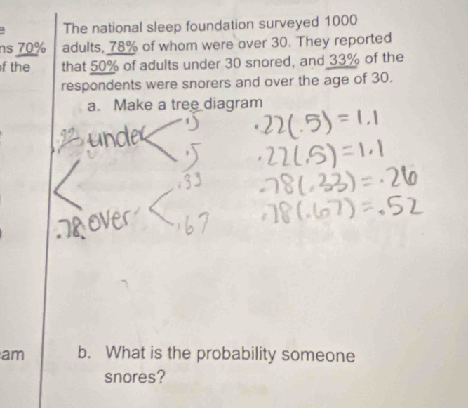 The national sleep foundation surveyed 1000
ns 70% adults, 78% of whom were over 30. They reported 
f the that 50% of adults under 30 snored, and 33% of the 
respondents were snorers and over the age of 30. 
a. Make a tree diagram 
am b. What is the probability someone 
snores?