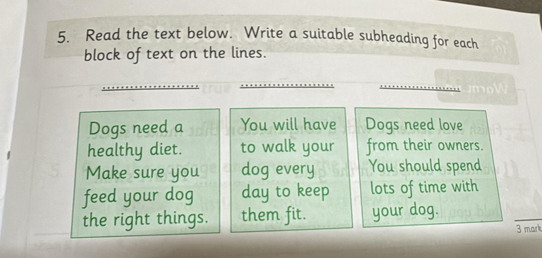 Read the text below. Write a suitable subheading for each 
block of text on the lines. 
_ 
_ 
moW 
Dogs need a You will have Dogs need love 
healthy diet. to walk your from their owners. 
Make sure you dog every You should spend 
feed your dog day to keep lots of time with 
the right things. them fit. your dog. 
3 mark