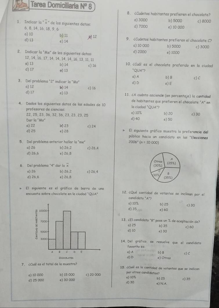 Tarea Domiciliaria N^o 8
8. Cuántos habitantes prefieren el chocolate?
a) 3000
1. Indicar la "× ' de los siguientes datos: d) 7000 b) 5000 c) 8000
6, 8,14, 16, 18, 9, 6 e) 10 000
a) 10 b) 11 12 9. Cuántos habitantes prefieren el chocolate C?
d) 13 e) 14
a) 10 000 b) 5000 c) 3000
2. Indicar la "Me" de los siguientes datos: d) 2000 e) 1000
12, 14, 16, 17, 14, 14, 14, 14, 16, 13, 11, 11
α) 13 b) 14 c) 16 10. ¿Cuál es el chocolate preferido en la ciudad
d) 17 o) 13 "QUA"?
a) A b) B c) C
3. Del problema "2" indicar la "Mo"
d) D e) E
a) 12 k) 14 c) 16
d) 17 e) 13 11. ¿A cuánto asciende (en porcentaje) la cantidad
de habitantes que prefieren el chocolate "A" en
4. Dados los siguientes datos de las edades de 10 la ciudad "QUA"?
profesores de ciencias:
22, 25, 23, 36, 32, 36, 23, 23, 23, 25 a) 10% b) 20 c) 30
Dar la "Mo" d) 40 e) 50
a) 22 b) 23 c) 24
d)25 e) 28 El siguiente gráfico muestra la preferencia del
público hacia un candidato en las "Elecciones
5. Del problema anterior hallar la "me" 2006^n(n=10000)
a) 26 b) 26,2 c) 26,4
d) 26,6 e) 26,8
A
Otras
6. Del problema "4" dar la overline x (30%) (25%)
a) 26 b) 26,2 c) 26,4
C
B
d) 26,6 e) 26.8 (10%) (35%)
El siguiente es el gráfico de barra de una
encuesta sobre chocolate en la ciudad "QUA" 12. ¿Qué cantidad de votantes se inclinan por el
condidato "A"?
a) 10% b) 25 c) 30
d)35 e) 60
13. ¿El candidato "B" pose un % de aceptación de?
a) 25 b)35 c) 60
d) 10 e) 30
14. Del gráfico, se resuelve que el candidato
favorito es:
a) A b) B c) C
d) D e) Otros
7.