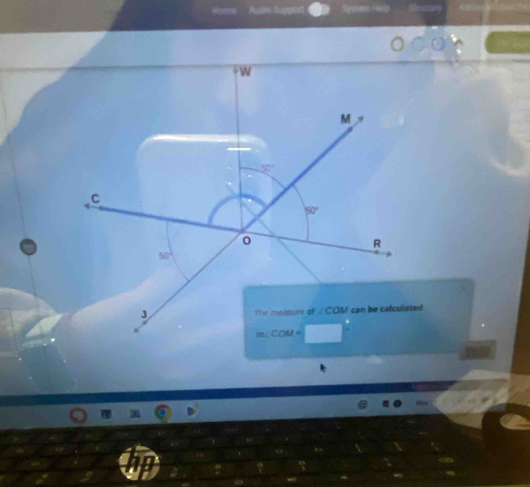 Horme Audin Support System H 
W 
M
50°
C
50°
R
50°
J The measure of ∠ COM can be calculated
m∠ COM=