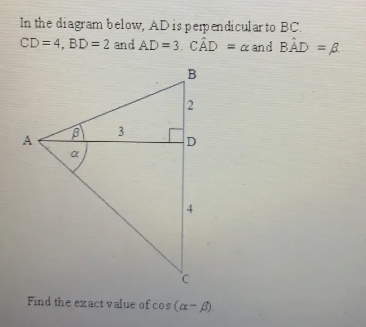 Solved: In the diagram below, AD is perpendicularto BC. CD=4, BD=2 and ...