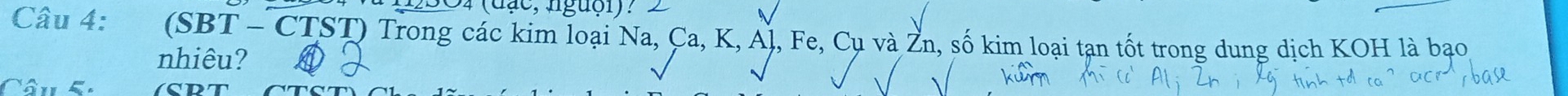 O4 (dạc, nguội)? 2 
Câu 4: (SBT - CTST) Trong các kim loại Na, Ca, K, Aļ, Fe, Cụ và Žn, số kim loại tạn tốt trong dung dịch KOH là bạo 
nhiêu? 
Câu 5.