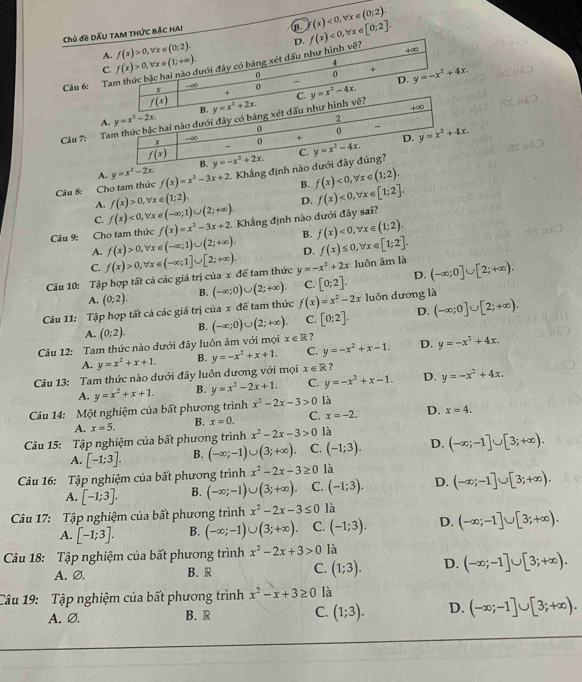 (x)<0,forall x∈ (0;2).
Chủ đề DẤU TAM THỨC BẠC HAI
B. f(x)<0,forall x∈ [0;2].
f(x)>0,forall x∈ (0;2).
D.
A. f(x)>0,forall x∈ (1;+∈fty ). đới đây có bảng xét dấu như hình vẽ? +∞
4
C.
0
0 + y=-x^2+4x.
Câu 6: Tai
-∞

D.
x
+
0 y=x^2-4x.
A
Câu 7: Ta
A. y=x^2-2x.
Câu 8: Cho tam thức f(x)=x^2-3x+2. Khẳng định 
B. f(x)<0,forall x∈ (1;2).
A. f(x)>0,forall x∈ (1;2).
D. f(x)<0,forall x∈ [1;2].
C. f(x)<0,forall x∈ (-∈fty ;1)∪ (2;+∈fty ).
Câu 9: Cho tam thức f(x)=x^2-3x+2. Khẳng định nào dưới đây sai?
B. f(x)<0,forall x∈ (1;2).
A. f(x)>0,forall x∈ (-∈fty ;1)∪ (2;+∈fty ). f(x)≤ 0,forall x∈ [1;2].
C. f(x)>0,forall x∈ (-∈fty ;1]∪ [2;+∈fty ).
D.
D.
Câu 10: Tập hợp tất cả các giá trị của x để tam thức y=-x^2+2x luôn âm là
A. (0;2).
B. (-∈fty ;0)∪ (2;+∈fty ). C. [0;2]. (-∈fty ;0]∪ [2;+∈fty ).
Câu 11: Tập hợp tất cả các giá trị của x để tam thức f(x)=x^2-2x luôn dương là
D.
A. (0;2).
B. (-∈fty ;0)∪ (2;+∈fty ). C. [0;2]. (-∈fty ;0]∪ [2;+∈fty ).
Câu 12: Tam thức nào dưới đây luôn âm với mọi x∈ R ?
A. y=x^2+x+1. B. y=-x^2+x+1. C. y=-x^2+x-1. D. y=-x^2+4x.
Câu 13: Tam thức nào dưới đây luôn dương với mọi x∈ R ?
A. y=x^2+x+1. B. y=x^2-2x+1. C. y=-x^2+x-1. D. y=-x^2+4x.
Câu 14: Một nghiệm của bất phương trình x^2-2x-3>0 là
A. x=5.
B. x=0.
C. x=-2. D. x=4.
Câu 15: Tập nghiệm của bất phương trình x^2-2x-3>0 là
A. [-1;3].
B. (-∈fty ;-1)∪ (3;+∈fty ). C. (-1;3). D. (-∈fty ;-1]∪ [3;+∈fty ).
Cu 16: Tập nghiệm của bất phương trình x^2-2x-3≥ 0 là
A. [-1;3].
B. (-∈fty ;-1)∪ (3;+∈fty ). C. (-1;3). D. (-∈fty ;-1]∪ [3;+∈fty ).
Câu 17: Tập nghiệm của bất phương trình x^2-2x-3≤ 0 là
A. [-1;3].
B. (-∈fty ;-1)∪ (3;+∈fty ). C. (-1;3). D. (-∈fty ;-1]∪ [3;+∈fty ).
Câu 18: Tập nghiệm của bất phương trình x^2-2x+3>0 là
A. ∅. B. R C. (1;3).
D. (-∈fty ;-1]∪ [3;+∈fty ).
Câu 19: Tập nghiệm của bất phương trình x^2-x+3≥ 0 là
D.
A. Ø. B. R C. (1;3). (-∈fty ;-1]∪ [3;+∈fty ).