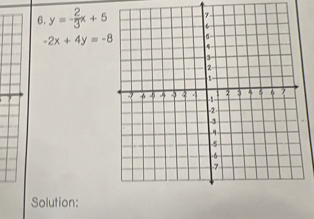 6 y=- 2/3 x+5
-2x+4y=-8
I
Solution: