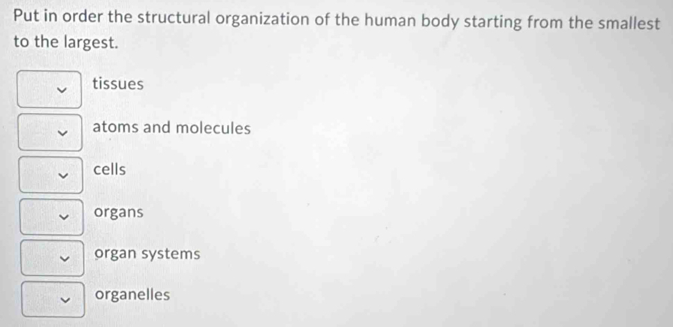 Put in order the structural organization of the human body starting from the smallest
to the largest.
tissues
atoms and molecules
cells
organs
organ systems
organelles