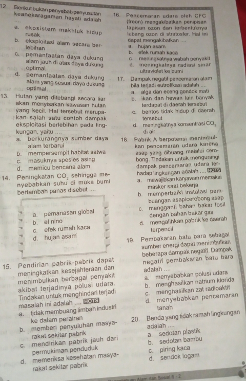 Berikut bukan penyebab penyusutan 16. Pencemaran udara oleh CFC
keanekaragaman hayati adalah (freon) mengakibatkan penipisan
lapisan ozon dan terbentuknya
a. ekosistem makhluk hidup lubang ozon di stratosfer. Hal ini
rusak
b. eksploitasi alam secara ber- a. hujan asam dapat mengakibatkan ....
lebihan
c. pemanfaatan daya dukung b. efek rumah kaca c. meningkatnya wabah penyakit
alam jauh di atas daya dukung
optimal d. meningkatnya radiasi sinar
ultraviolet ke bumi
d. pemanfaatan daya dukung 17. Dampak negatif pencemaran alam
alam yang sesuai daya dukung bila terjadi eutrofikasi adalah ....
optimal
13. Hutan yang ditebangi secara liar a. alga dan eceng gondok mati
akan menyisakan kawasan hutan b. ikan dan hewan lain banyak
terdapat di daerah tersebut
yang kecil. Hal tersebut merupa- c. bentos tidak hidup di daerah
kan salah satu contoh dampak tersebut
eksploitasi berlebihan pada ling-
kungan, yaitu d. meningkatnya konsentrasi CO_2
di air
a. berkurangnya sumber daya 18. Pabrik A berpotensi menimbul-
alam terbarui
b. mempersempit habitat satwa kan pencemaran udara karena
c. masuknya spesies asing asap yang dibuang melalui cero-
d. memicu bencana alam bong. Tindakan untuk mengurangi
dampak pencemaran udara ter-
14. Peningkatan CO_2 sehingga me- hadap lingkungan adalah .... no
nyebabkan suhu di muka bumi a. mewajibkan karyawan memakai
bertambah panas disebut .... masker saat bekerja
b. memperbaiki instalasi pem-
buangan asap/cerobong asap
a. pemanasan global c. mengganti bahan bakar fosil
b. el nino dengan bahan bakar gas
c. efek rumah kaca d. mengalihkan pabrik ke daerah
terpencil
d. hujan asam 19. Pembakaran batu bara sebagai
sumber energi dapat menimbulkan
15. Pendirian pabrik-pabrik dapat beberapa dampak negatif. Dampak
meningkatkan kesejahteraan dan negatif pembakaran batu bara
menimbulkan berbagai penyakit adalah ....
akibat terjadinya polusi udara. a. menyebabkan polusi udara
Tindakan untuk menghindari terjadi b. menghasilkan natrium klorida
masalah ini adalah .... LO S c. menghasilkan zat radioaktif
a. tidak membuang limbah industri d. menyebabkan pencemaran
tanah
ke dalam perairan
b. memberi penyuluhan masya- 20. Benda yang tidak ramah lingkungan
adalah ....
rakat sekitar pabrik
c. mendirikan pabrik jauh dari a. sedotan plastik
permukiman penduduk b. sedotan bambu
d. memeriksa kesehatan masya- c. piring kaca
rakat sekitar pabrik d. sendok logam
Ábuan Alam dan Sosia 6-2