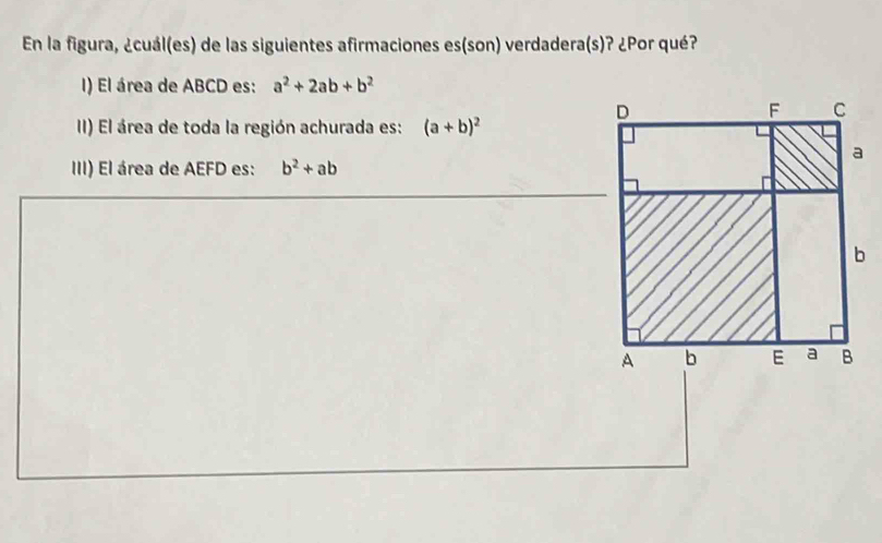 En la figura, ¿cuál(es) de las siguientes afirmaciones es(son) verdadera(s)? ¿Por qué? 
I) El área de ABCD es: a^2+2ab+b^2
II) El área de toda la región achurada es: (a+b)^2
III) El área de AEFD es: b^2+ab