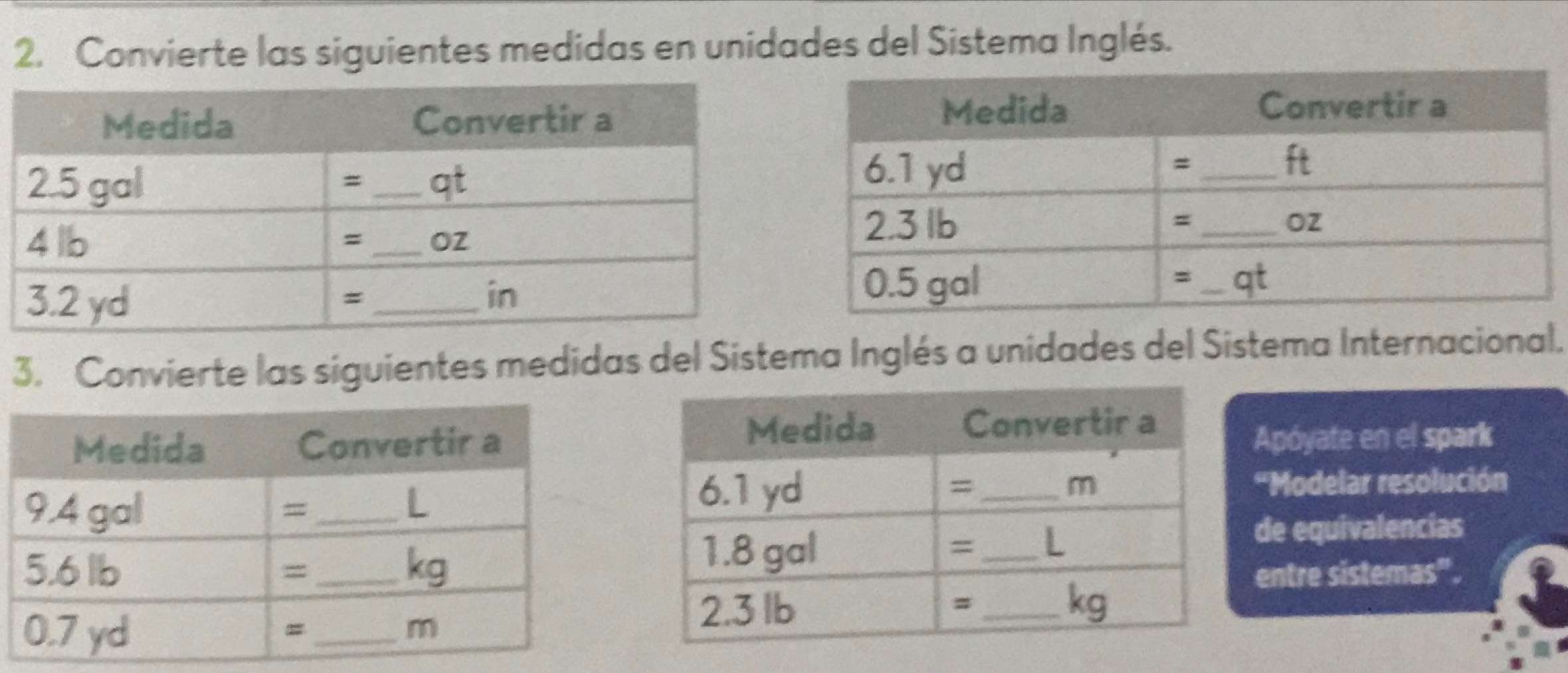 Convierte las siguientes medidas en unidades del Sistema Inglés. 
3. Convierte las siguientes medidas del Sistema Inglés a unidades del Sistema Internacional. 
Apóyate en el spark 
'Modelar resolución 
de equivalencias 
entre sistemas".