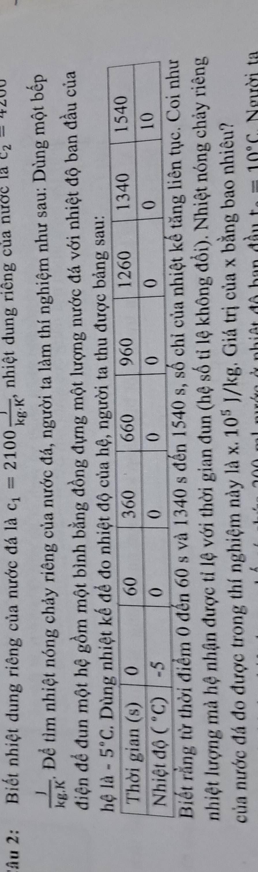 2âu 2: Biết nhiệt dung riêng của nước đá là c_1=2100 1/kg· K  , nhiệt dung riêng của nước là c_2=4200
 J/kg.K . Để tìm nhiệt nóng chảy riêng của nước đá, người ta làm thí nghiệm như sau: Dùng một bếp
điện để đun một hệ gồm một bình bằng đồng đựng một lượng nước đá với nhiệt độ ban đầu của
ệ, người ta thu được bảng sau:
Biết rằng từ thời điểm 0 đến 60 s và 1340 s đến 1540 s, số chỉ của nhiệt kế tăng l
nhiệt lượng mà hệ nhận được tỉ lệ với thời gian đun (hệ số tỉ lệ không đổi). Nhiệt nóng chảy riêng
của nước đá đo được trong thí nghiệm này là x. 10^5J/kg;. Giá trị của x bằng bao nhiêu?
t=10°C Người ta