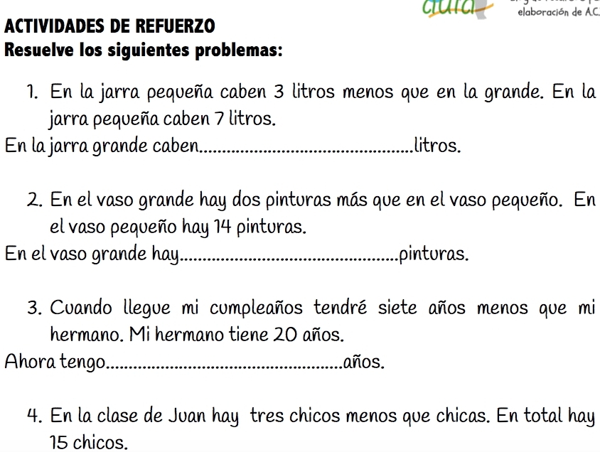 elaboración de A.C 
ACTIVIDADES DE REFUERZO 
Resuelve los siguientes problemas: 
1. En la jarra pequeña caben 3 litros menos que en la grande. En la 
jarra pequeña caben 7 litros. 
En la jarra grande caben._ litros. 
2. En el vaso grande hay dos pinturas más que en el vaso pequeño. En 
el vaso pequeño hay 14 pinturas. 
En el vaso grande hay _pinturas. 
3. Cuando llegue mi cumpleaños tendré siete años menos que mi 
hermano. Mi hermano tiene 20 años. 
Ahora tengo_ años. 
4. En la clase de Juan hay tres chicos menos que chicas. En total hay
15 chicos.