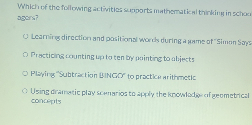 Solved: Which of the following activities supports mathematical ...