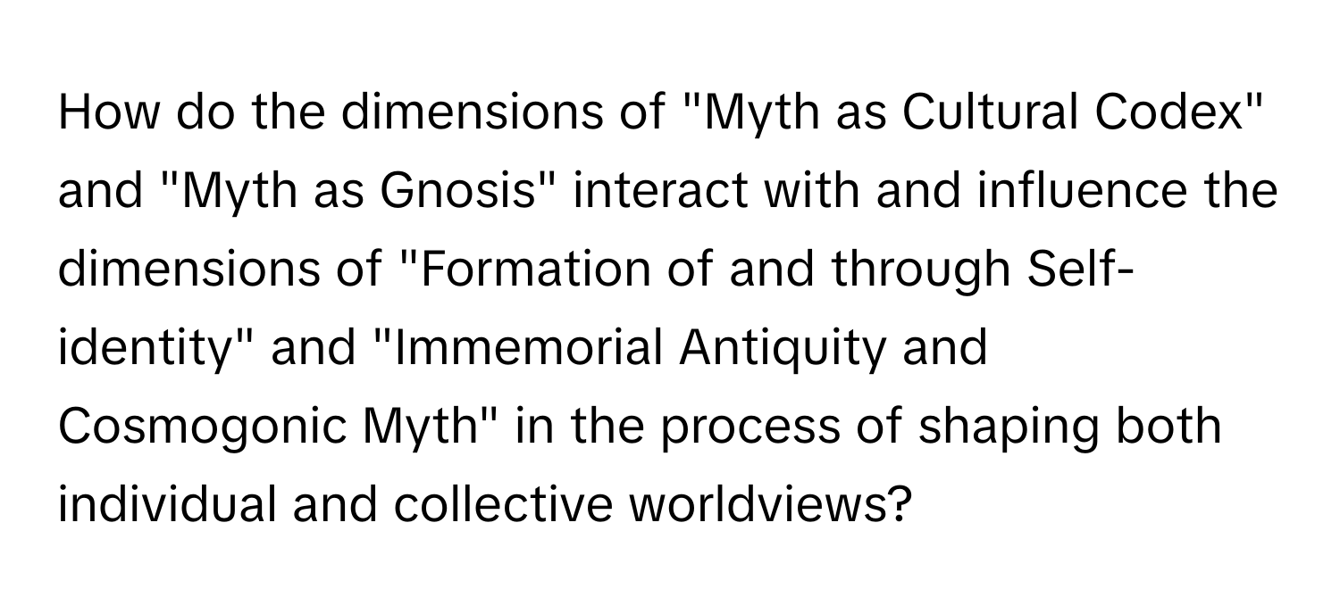 How do the dimensions of "Myth as Cultural Codex" and "Myth as Gnosis" interact with and influence the dimensions of "Formation of and through Self-identity" and "Immemorial Antiquity and Cosmogonic Myth" in the process of shaping both individual and collective worldviews?