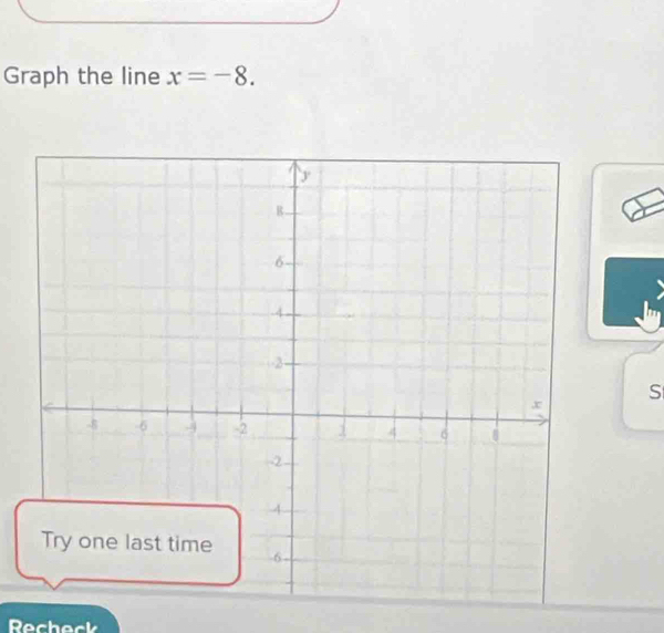 Graph the line x=-8. 
S 
Recheck