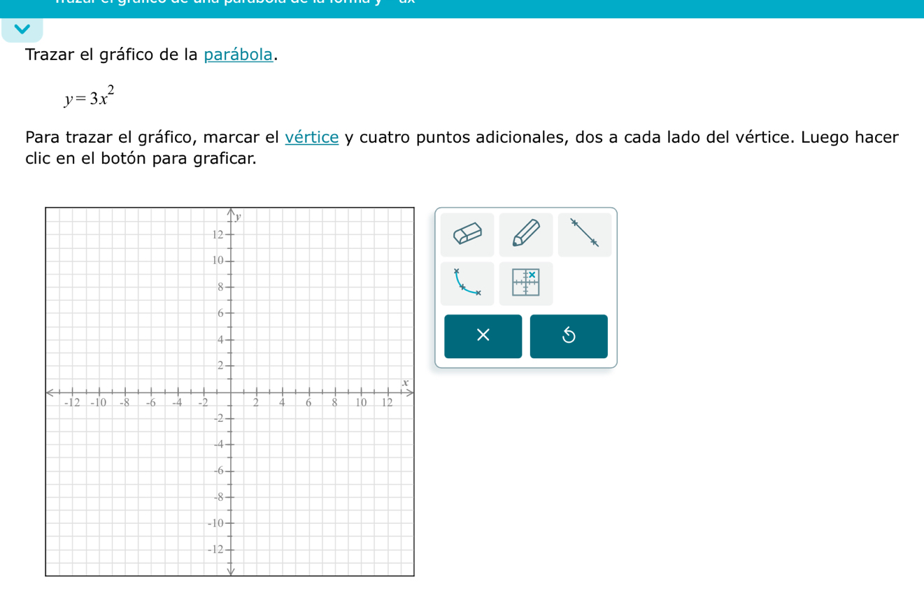 Trazar el gráfico de la parábola.
y=3x^2
Para trazar el gráfico, marcar el vértice y cuatro puntos adicionales, dos a cada lado del vértice. Luego hacer 
clic en el botón para graficar. 
× S