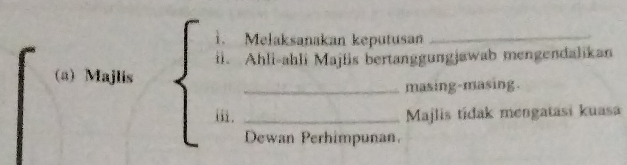 Melaksanakan keputusan_ 
i. Ahli-ahli Majlis bertanggungjawab mengendalikan 
(a) Majlis 
_masing-masing. 
iii. _Majlis tidak mengatasi kuasa 
Dewan Perhimpunan.