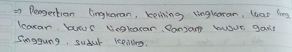 => Pengertian lingkaran, keiling linglearan, luas ling 
lcaran, burus linglaran, Sansan bwur, gans 
Singgung, sudar kceiling.