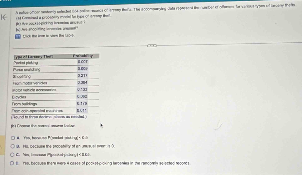 A police officer randomly selected 534 police records of larceny thefts. The accompanying data represent the number of offenses for various types of larceny thefts.
(a) Construct a probability model for type of larceny theft.
(b) Are pocket-picking larcenies unusual?
(c) Are shoplifting larcenies unusual?
Click the icon to view the table.
(b) Choose the correct answer below.
A. Yes, because P(pocket-picking) <0.5
B. No, because the probability of an unusual event is 0.
C. Yes, because P(pocket-picking) <0.05.
D. Yes, because there were 4 cases of pocket-picking larcenies in the randomly selected records.