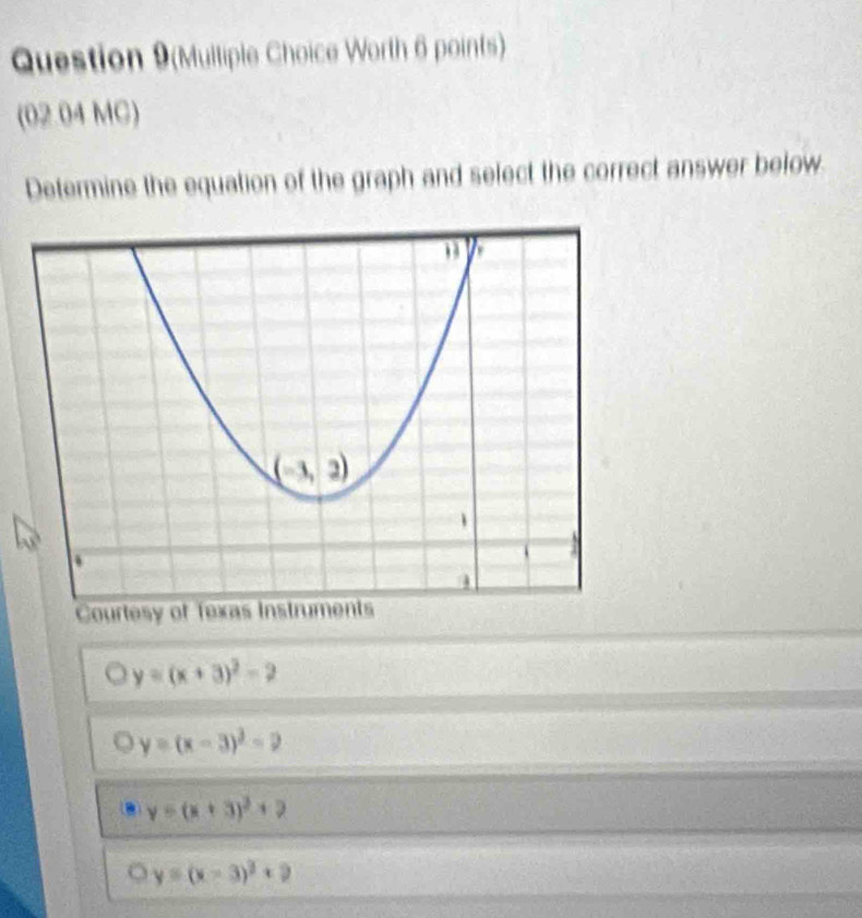 Question 9(Mulliple Choice Worth 6 points)
(02.04 MC)
Determine the equation of the graph and select the correct answer below
Courtesy of Tex
y=(x+3)^2-2
y=(x-3)^2-2
y=(x+3)^2+2
y=(x-3)^2+9