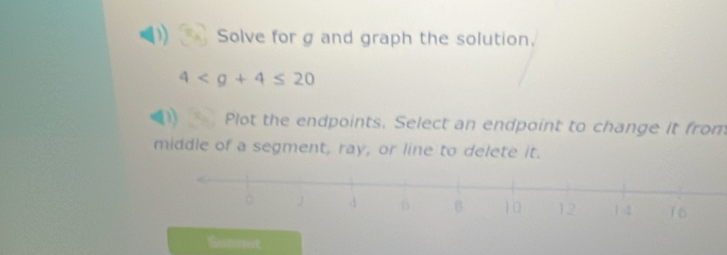 Solve for g and graph the solution,
4
Plot the endpoints, Select an endpoint to change it from 
middle of a segment, ray, or line to delete it. 
Summet