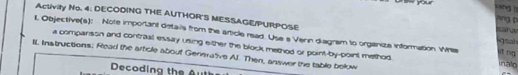 onw your 
kang ì 
Activity No. 4; DECODING THE AUTHOR'S MESSAGE/PURPOSE aha 
ng 
l Objective(s): Note important details from the article read. Use s Verin diagram to organize information While inato 
gsah 
a comparson and contrasl essay using either the block method or point-by-point method 
jt ng 
II. Instructions: Read the article about Generative Al. Then, answer the table below 
Decoding the Au