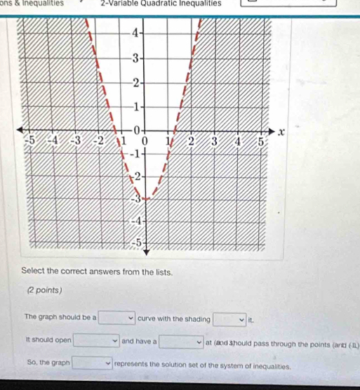 ons & Inequalities 2-Variable Quadratic Inequalities 
Select the correct answers from the lists. 
(2 points) 
The graph should be a □ curve with the shading □ it. 
It should open □ and have a □ at (and $ hould pass through the points (and (L) 
So, the graph □ represents the solution set of the system of inequalities.