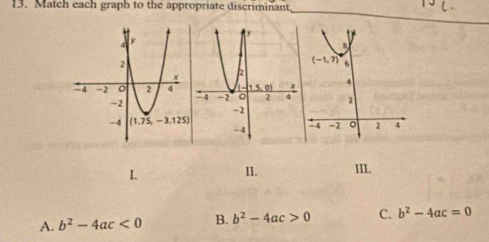 Match each graph to the appropriate discriminant,
_
I.
II. III.
C.
A. b^2-4ac<0</tex> B. b^2-4ac>0 b^2-4ac=0