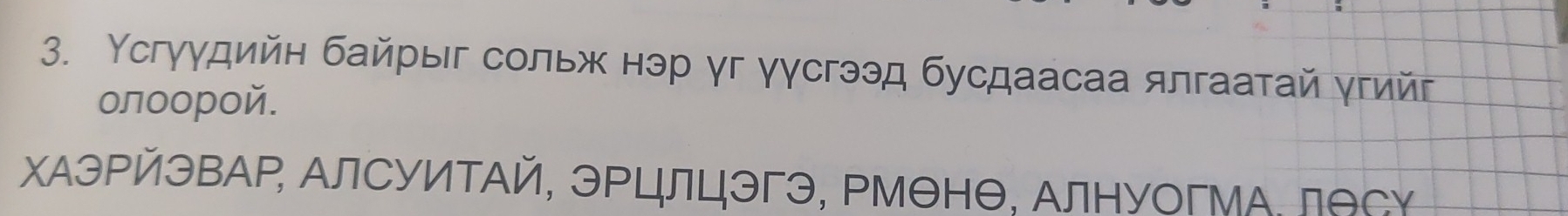 Υсгγγдийн байрыг сольж нэр γг γγсгээд бусдаасаа ялгаатай γгийг 
олοорοй. 
ΧΑэΡйэΒΑΡ, ΑлСуиΤАй, эΡцлцэгэ, Ρмθнθ, ΑлнуогМΑ. ΠθсΥ