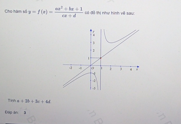 Cho hàm số y=f(x)= (ax^2+bx+1)/cx+d  có đồ thị như hình vẽ sau:
Tính a+2b+3c+4d. 
Đáp án: 3