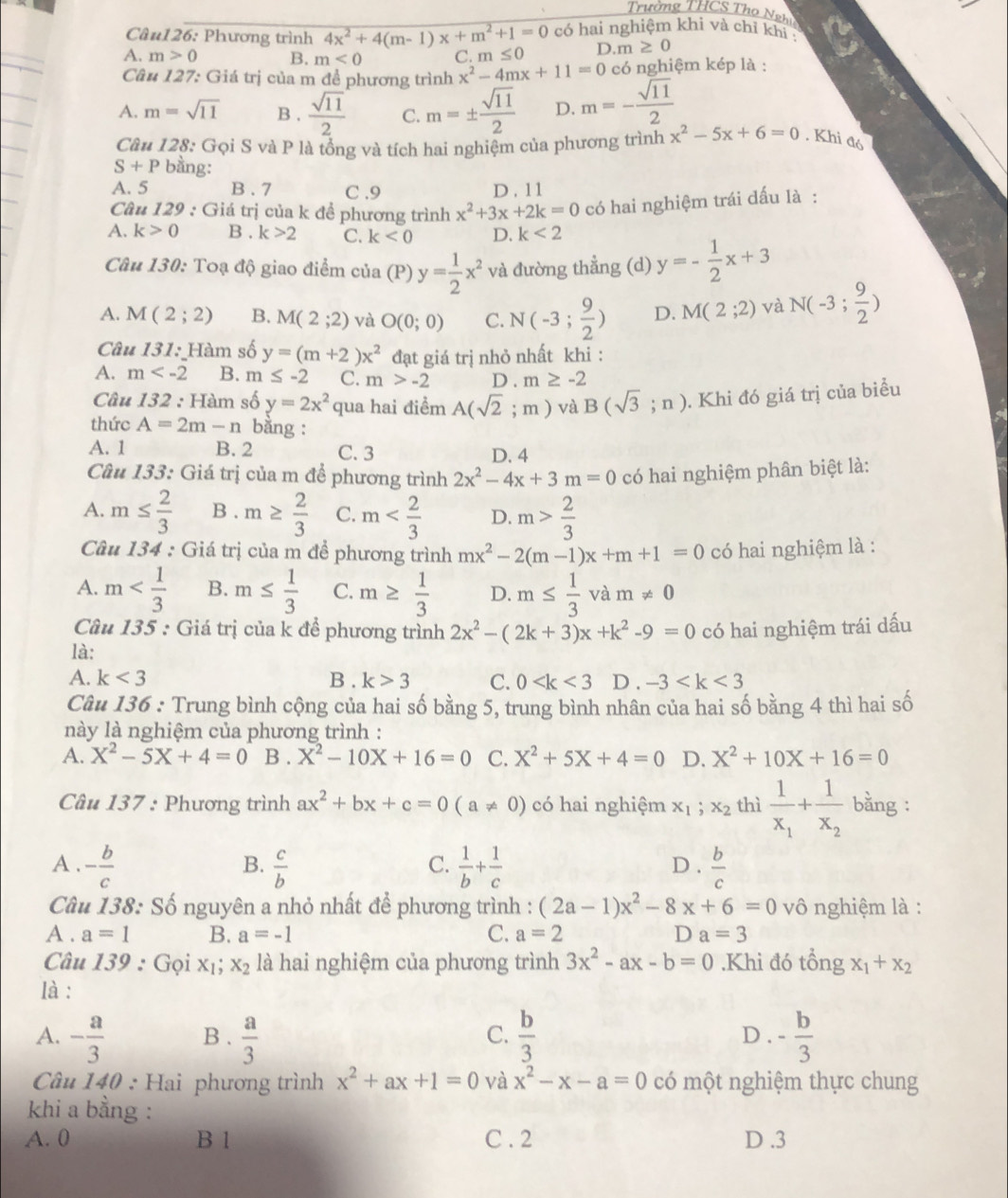 rường THCS T  o N g 
Câu126: Phương trình 4x^2+4(m-1)x+m^2+1=0 có hai nghiệm khi và chỉ khi :
A. m>0 B. m<0</tex> C. m≤ 0 D. m≥ 0
Câu 127: Giá trị của m để phương trình x^2-4mx+11=0 có nghiệm kép là :
A. m=sqrt(11) B .  sqrt(11)/2  C. m=±  sqrt(11)/2  D. m=- sqrt(11)/2 
Câu 128: Gọi S và P là tổng và tích hai nghiệm của phương trình x^2-5x+6=0 , Khi đó
S+P bằng:
A. 5 B . 7 C .9 D. 1 1
Câu 129 : Giá trị của k để phương trình x^2+3x+2k=0 có hai nghiệm trái dấu là :
A. k>0 B . k>2 C. k<0</tex> D. k<2</tex>
Câu 130: Toạ độ giao điểm cta(P) y= 1/2 x^2 và đường thẳng (d) y=- 1/2 x+3
A. M(2;2) B. M(2;2) và O(0;0) C. N(-3; 9/2 ) D. M(2;2) và N(-3; 9/2 )
Câu 131: Hàm số y=(m+2)x^2 đạt giá trị nhỏ nhất khi :
A. m B. m ≤ -2 C. m>-2 D . m≥ -2
Câu 132 : Hàm số y=2x^2 qua hai điểm A(sqrt(2);m) và B(sqrt(3);n). Khi đó giá trị của biểu
thức A=2m-n bằng :
A. 1 B. 2 C. 3 D. 4
Câu 133: Giá trị của m để phương trình 2x^2-4x+3m=0 có hai nghiệm phân biệt là:
A. m≤  2/3  B . m≥  2/3  C. m D. m> 2/3 
Câu 134 : Giá trị của m để phương trình mx^2-2(m-1)x+m+1=0 có hai nghiệm là :
A. m B. m≤  1/3  C. m≥  1/3  D. m≤  1/3  và m!= 0
Câu 135 : Giá trị của k để phương trình 2x^2-(2k+3)x+k^2-9=0
là: có hai nghiệm trái dấu
A. k<3</tex> B . k>3 C. 0 D . -3
Cầu 136 : Trung bình cộng của hai số bằng 5, trung bình nhân của hai số bằng 4 thì hai số
này là nghiệm của phương trình :
A. X^2-5X+4=0 B . X^2-10X+16=0 C. X^2+5X+4=0 D. X^2+10X+16=0
Câu 137 : Phương trình ax^2+bx+c=0(a!= 0) có hai nghiệm x_1;x_2 thì frac 1x_1+frac 1x_2 bằng :
A . - b/c   c/b   1/b + 1/c  D .  b/c 
B.
C.
Câu 138: Số nguyên a nhỏ nhất để phương trình : (2a-1)x^2-8x+6=0 vô nghiệm là :
A . a=1 B. a=-1 C. a=2 D a=3
Câu 139 : Gọi X x_2 là hai nghiệm của phương trình 3x^2-ax-b=0.Khi đó tổng x_1+x_2
là :
A. - a/3  B .  a/3   b/3  - b/3 
C.
D.
Cầu 140 : Hai phương trình x^2+ax+1=0 và x^2-x-a=0 có một nghiệm thực chung
khi a bằng :
A. 0 B 1 C . 2 D .3