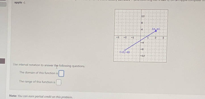 apple -).
Use interval notation to answer the following questions.
The domain of this function is □
The range of this function is □ .
Note: You can earn partial credit on this problem.