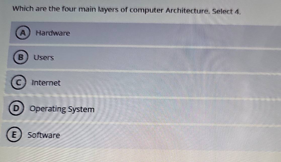 Solved: Which are the four main layers of computer Architecture. Select ...