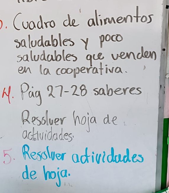 Cuadro de alimentos 
saludables y poco 
saludables gue venden 
en (a cooperativa. 
1. Pag 27 - 28 saberes 
Resslyer hoja de 
actividades. 
5. Resolver adividades 
de hoja.