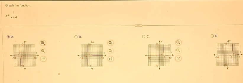 Graph the function
y= 1/x+4 
A. 
B. 
C. 
D.