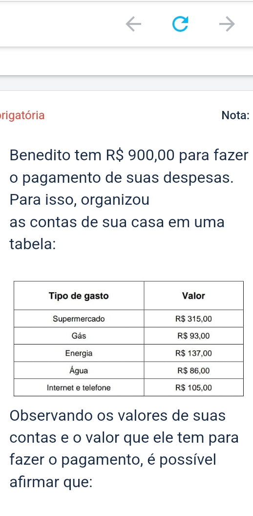 prigatória Nota: 
Benedito tem R$ 900,00 para fazer 
o pagamento de suas despesas. 
Para isso, organizou 
as contas de sua casa em uma 
tabela: 
Observando os valores de suas 
contas e o valor que ele tem para 
fazer o pagamento, é possível 
afirmar que: