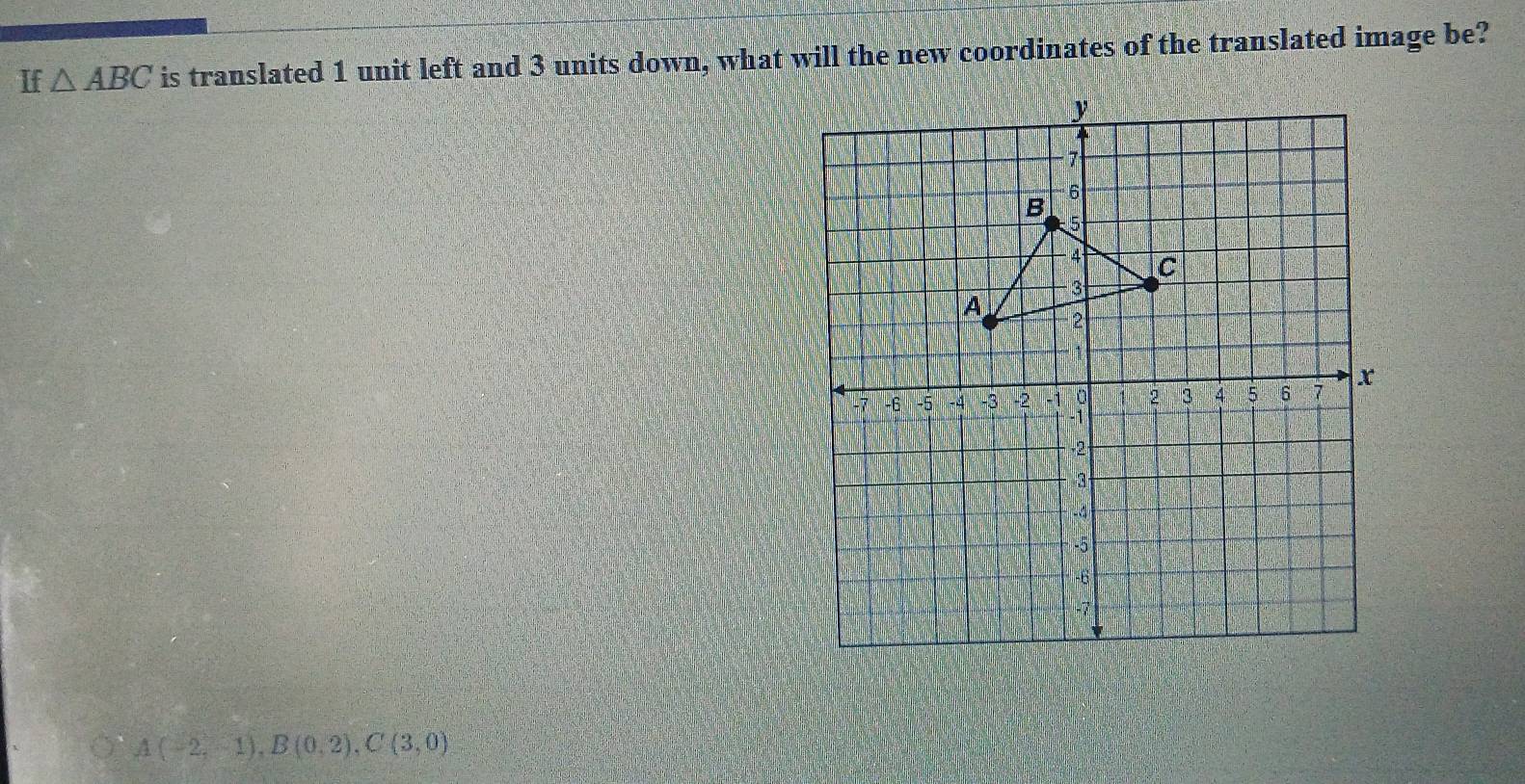 If △ ABC is translated 1 unit left and 3 units down, what will the new coordinates of the translated image be?
A(-2,-1), B(0,2), C(3,0)