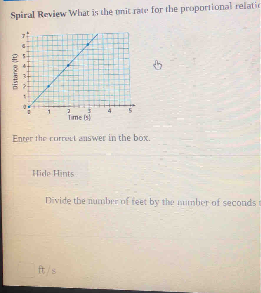 Spiral Review What is the unit rate for the proportional relatic 
: 
Enter the correct answer in the box. 
Hide Hints 
Divide the number of feet by the number of seconds t
ft /s